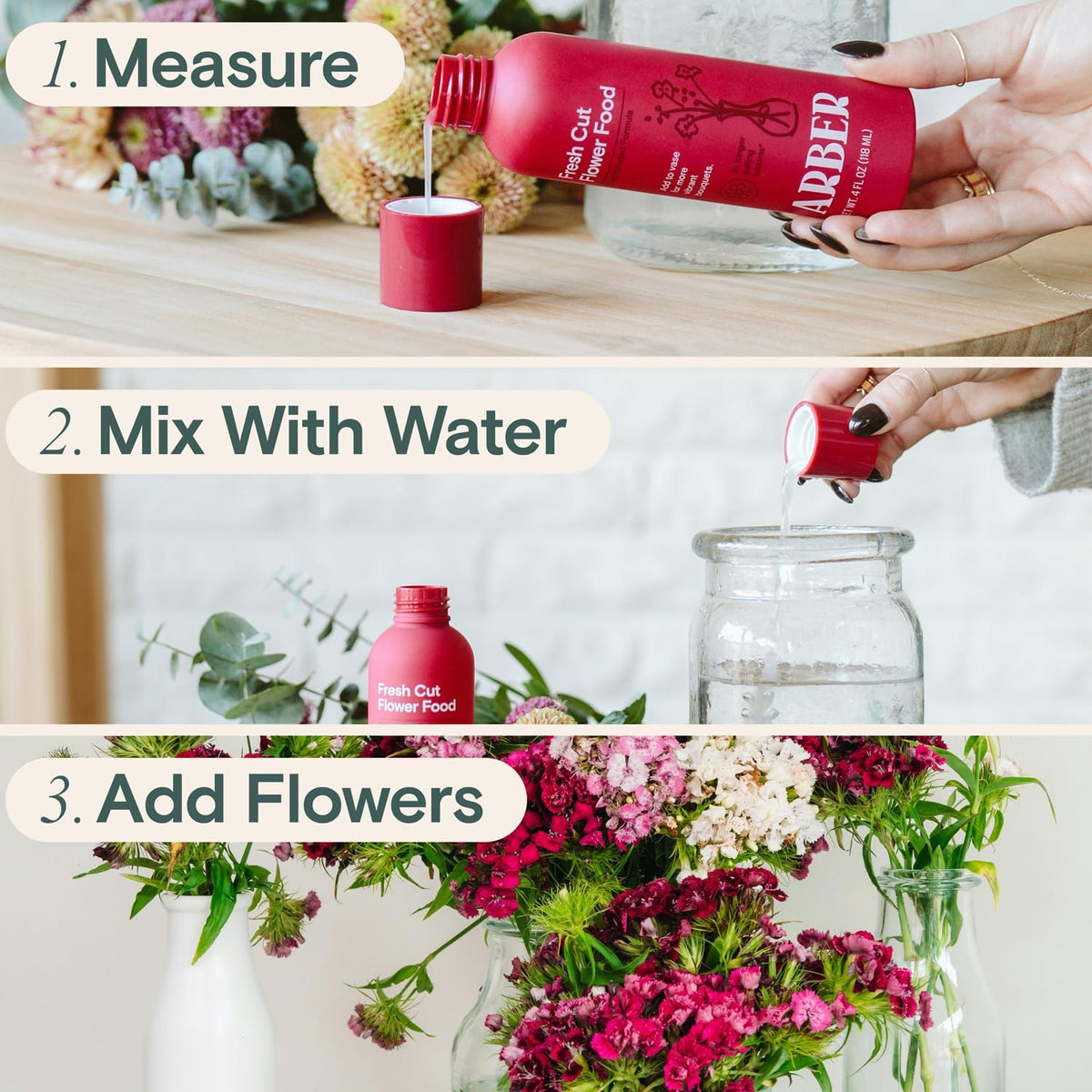 Close-up of ARBER 4 oz bottle with blooming roses ready for spray