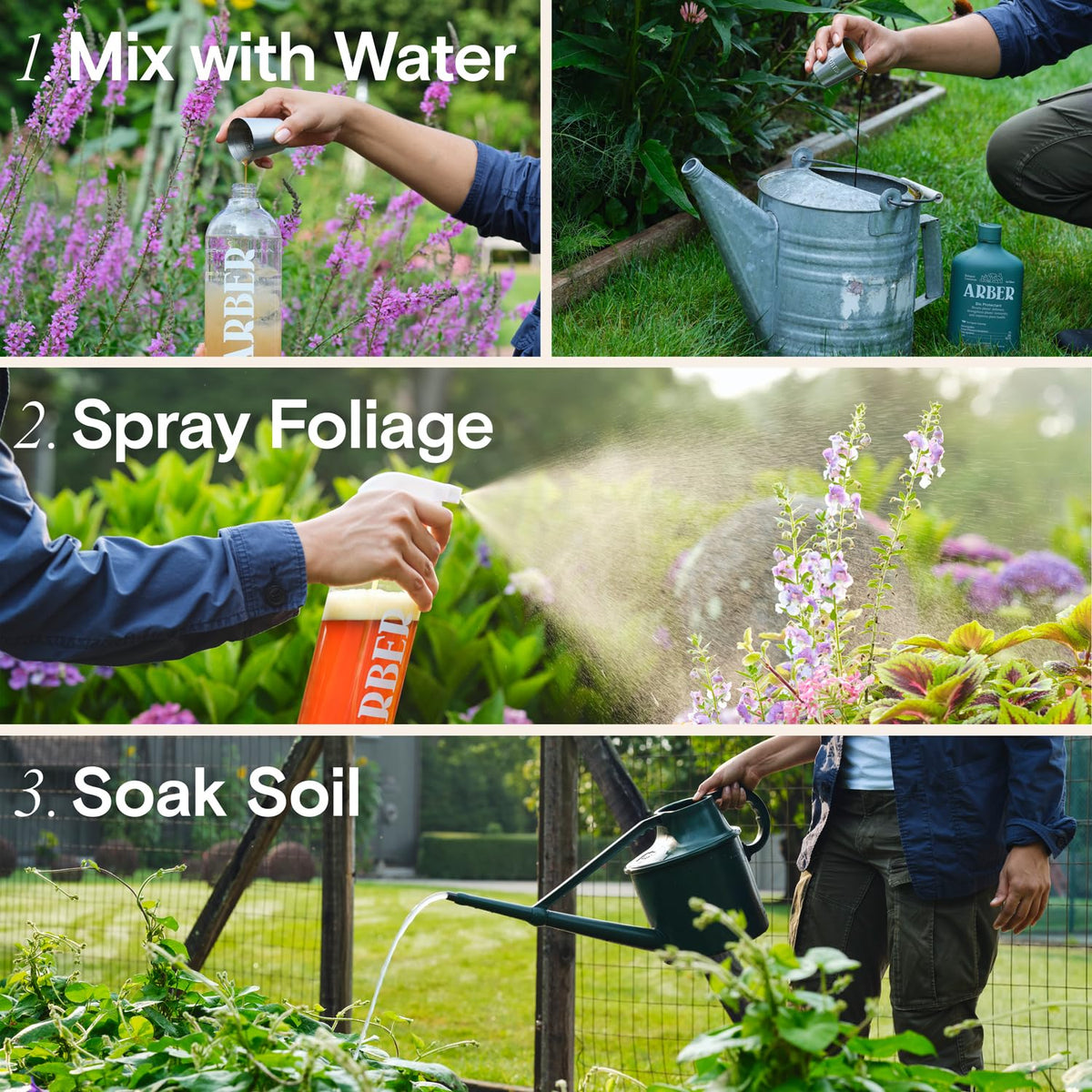 Application steps with measuring cup for consistent garden care