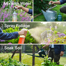 Application steps with measuring cup for consistent garden care