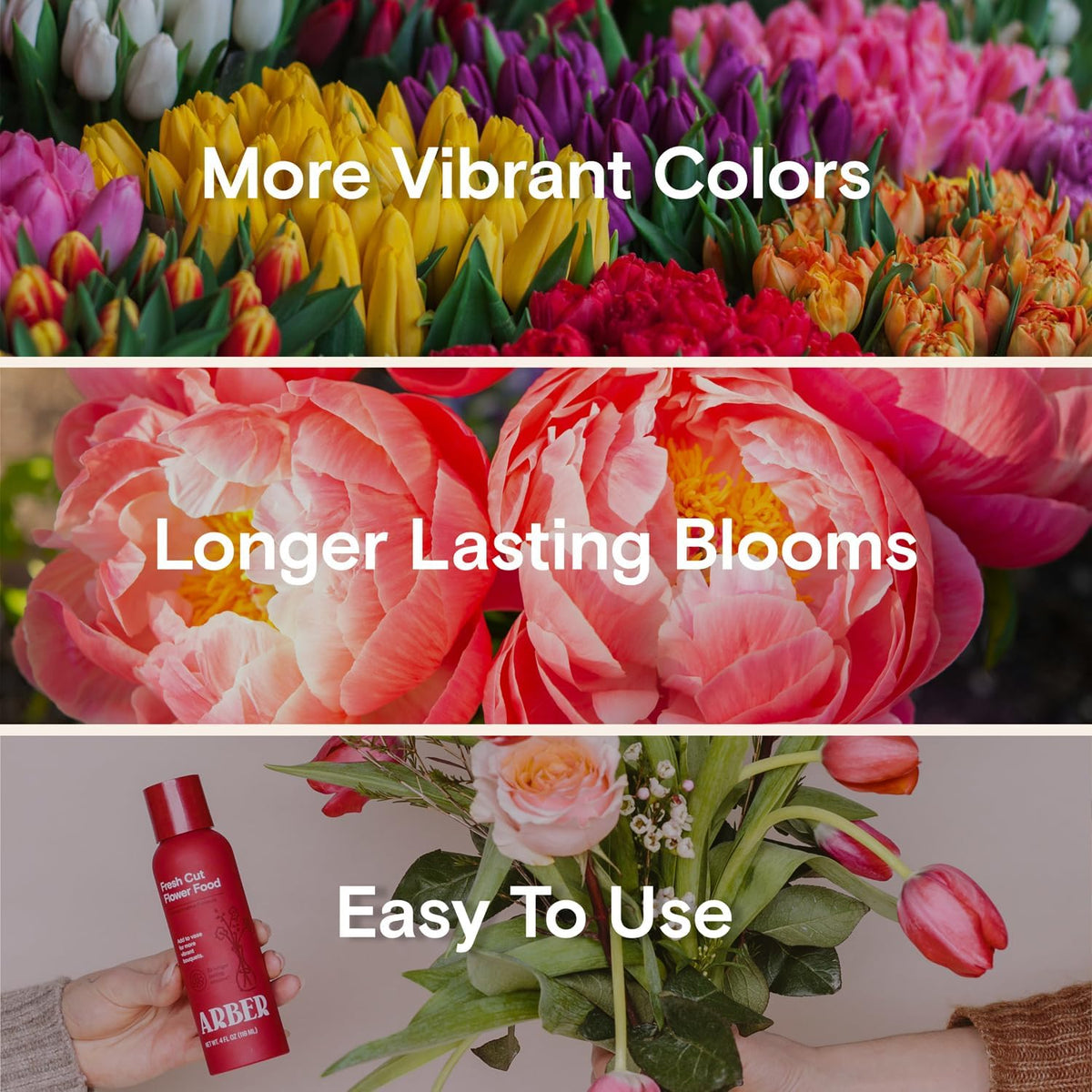 ARBER flower food packet and bottle set used in floral arrangements