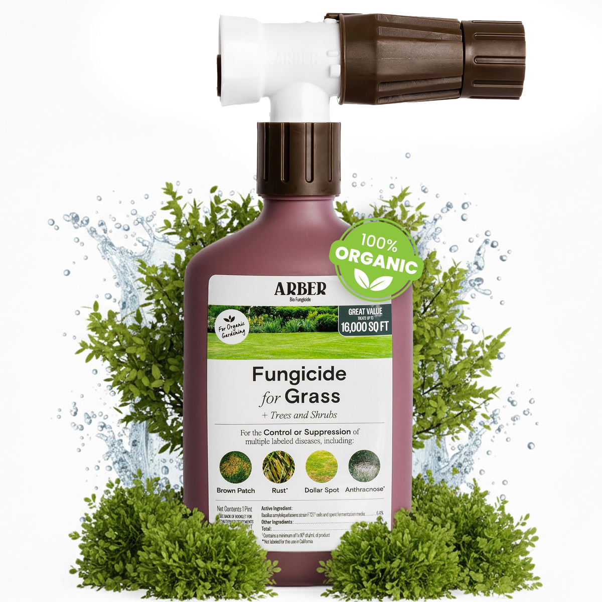 ARBER Organic Lawn Fungicide bottle being poured onto lawn.