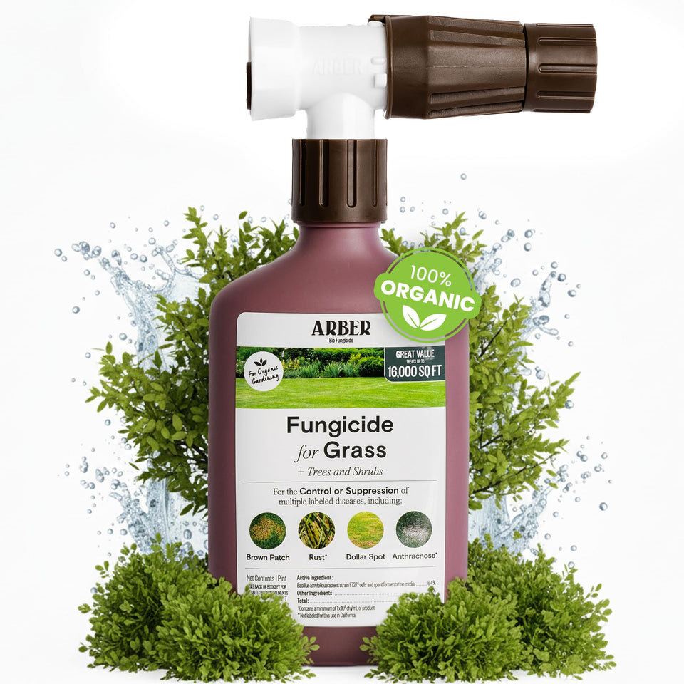 ARBER Organic Lawn Fungicide bottle being poured onto lawn.