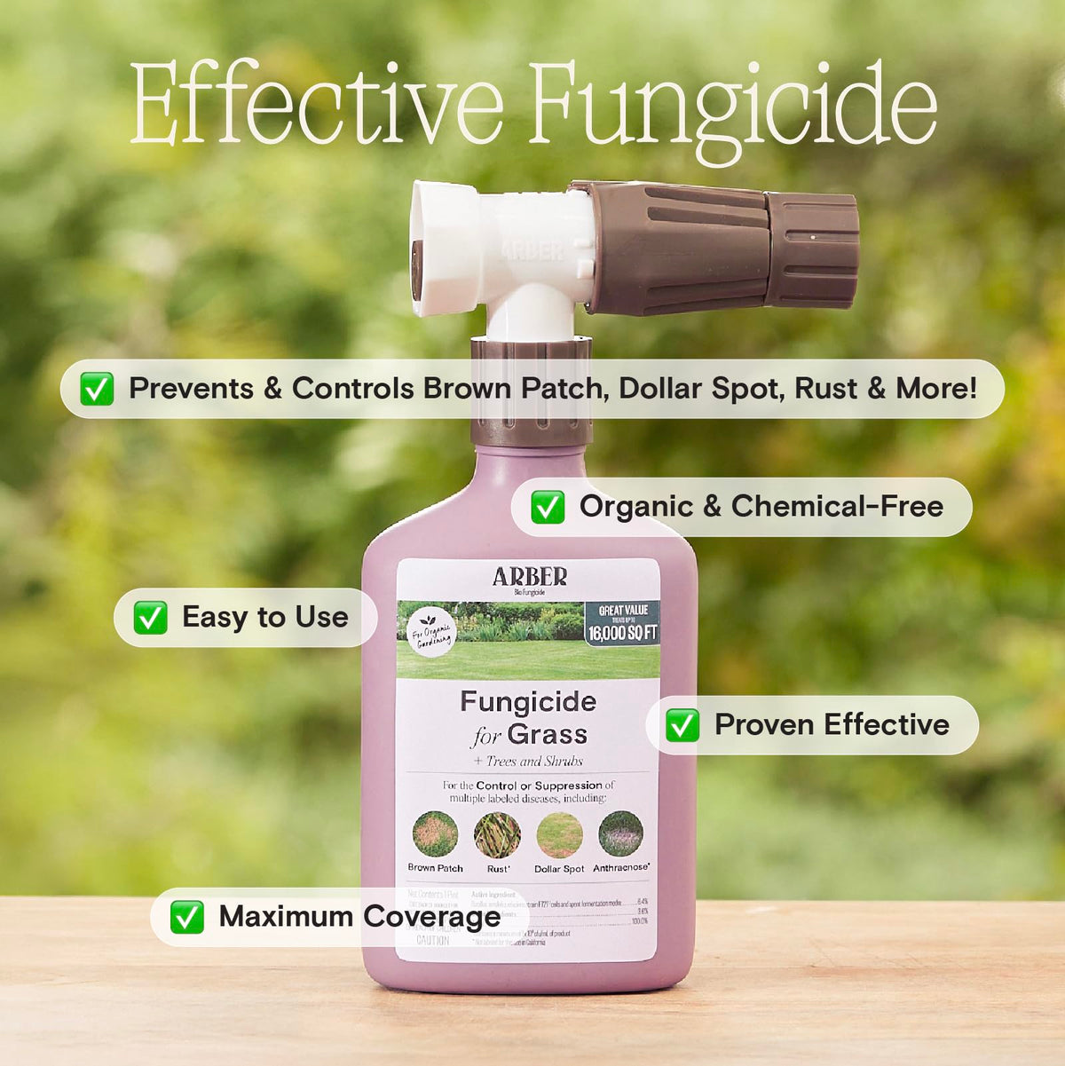 Hose-end spray action delivering fungicide on turf.