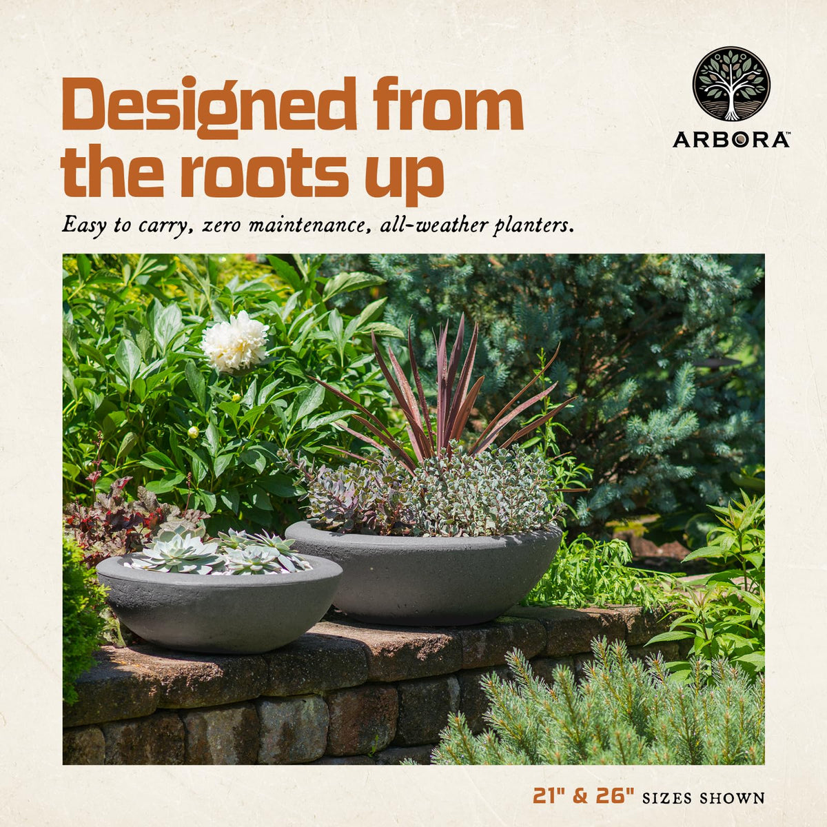 Weatherproof polyresin finish on ARBORA Santorini Bowl for seasonal outdoor durability.