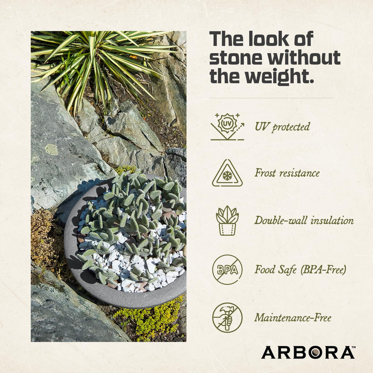 Ultra-lightweight ARBORA Santorini Bowl planter enables easy rearrangement anywhere.