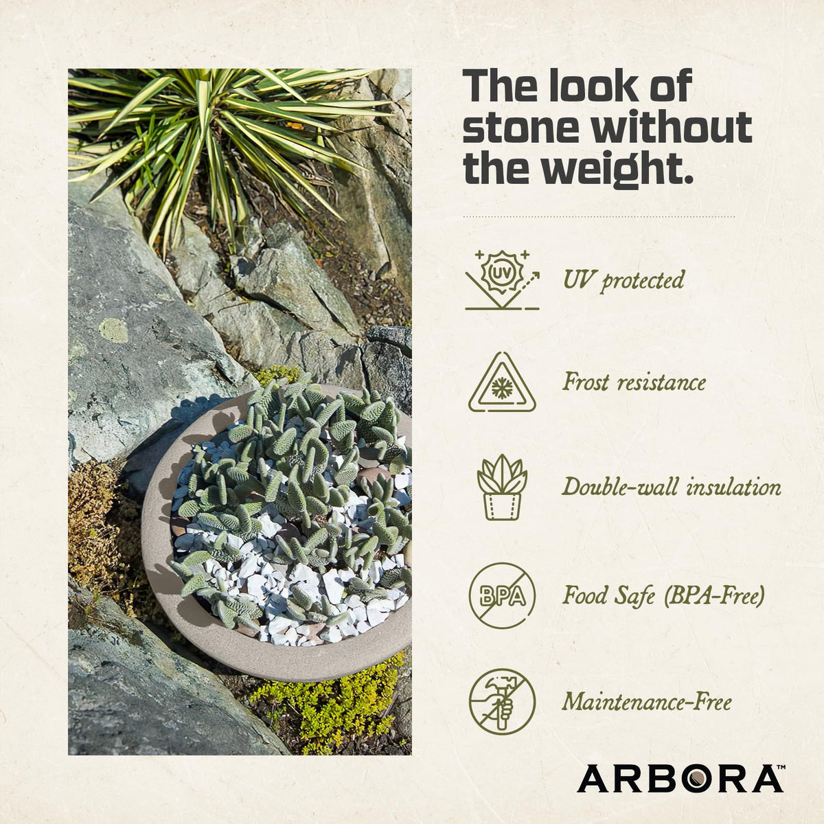 Weatherproof ARBORA Santorini Bowl maintains color and integrity in varying weather.