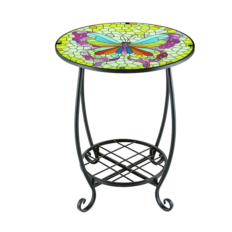 Arbuxzuy butterfly mosaic top table for indoor outdoor use, adds color to small spaces.