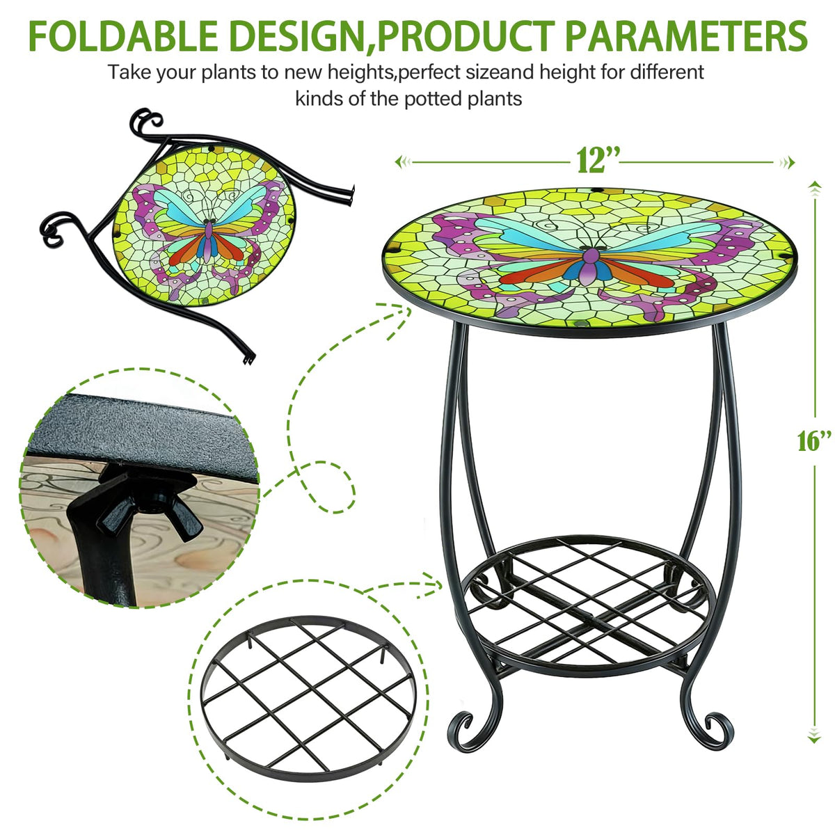 Arbuxzuy round 12-inch table with butterfly design, ideal as a plant stand.
