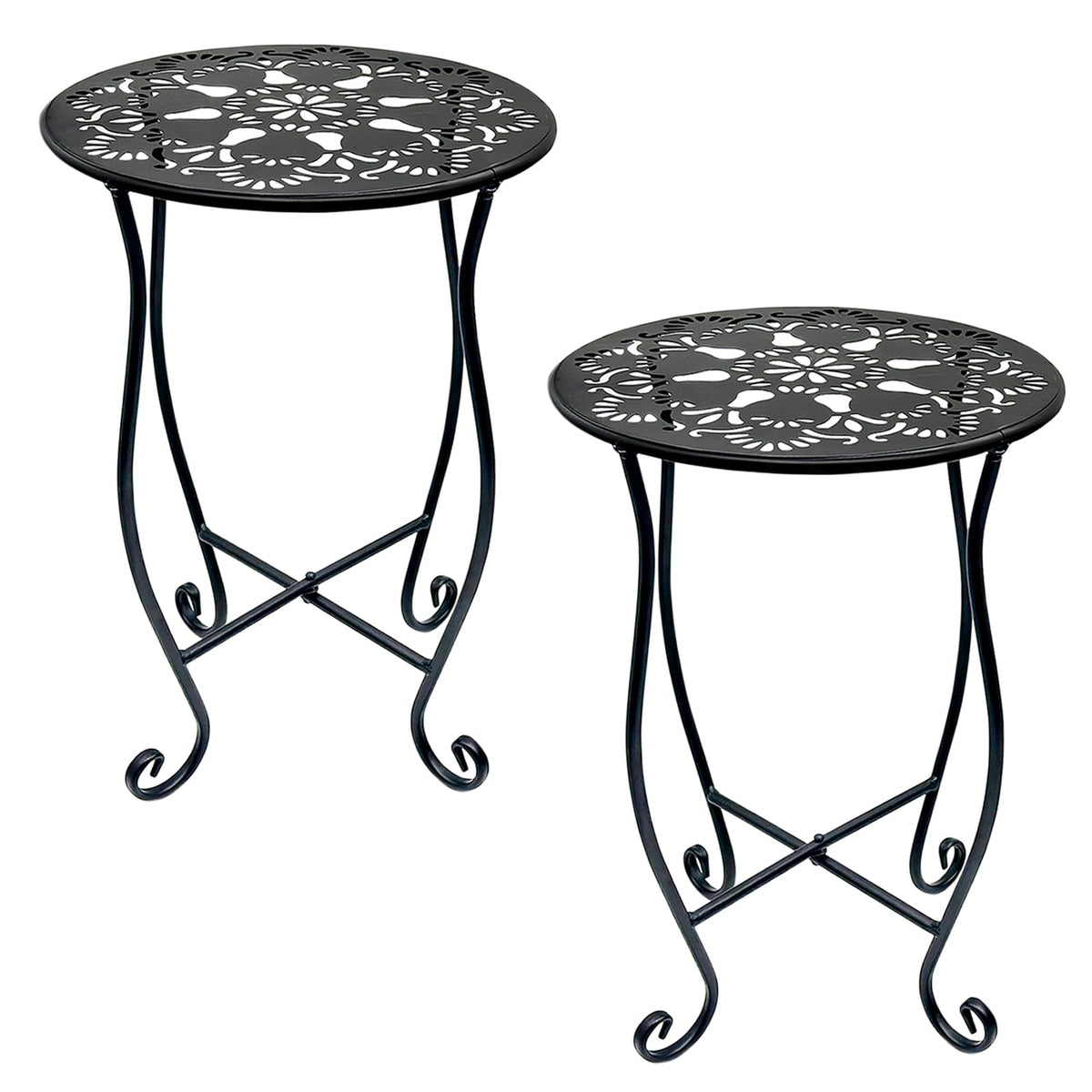 Arbuxzuy round metal outdoor side table 17-inch supports plants on patios.