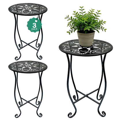 Arbuxzuy three-pack 17in round tables offer compact, space-saving outdoor display for plants.