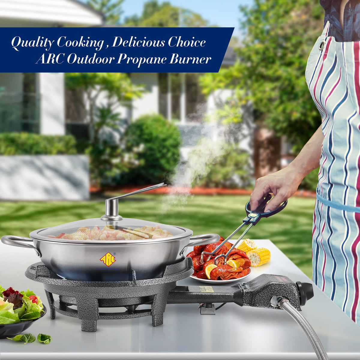ARC Flat-ground stable burner enables safe cooking on stone or metal surfaces.