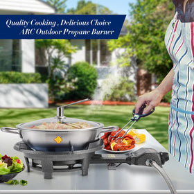 ARC Flat-ground stable burner enables safe cooking on stone or metal surfaces.