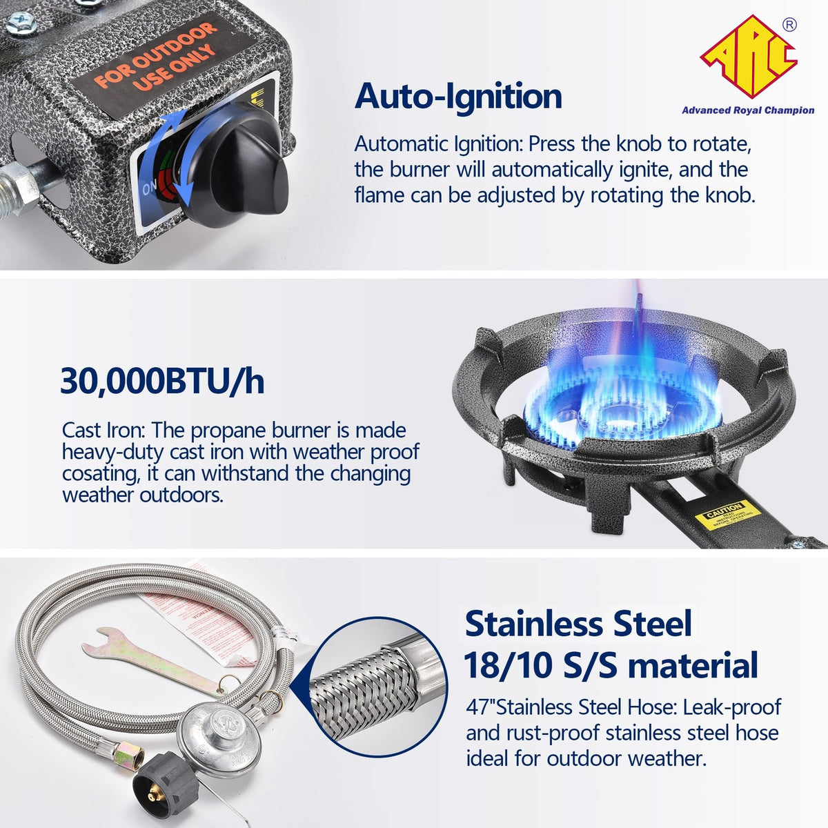 ARC Regulator and Hose ensure a steady flame with compatible propane tanks.