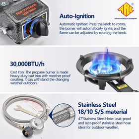 ARC Regulator and Hose ensure a steady flame with compatible propane tanks.
