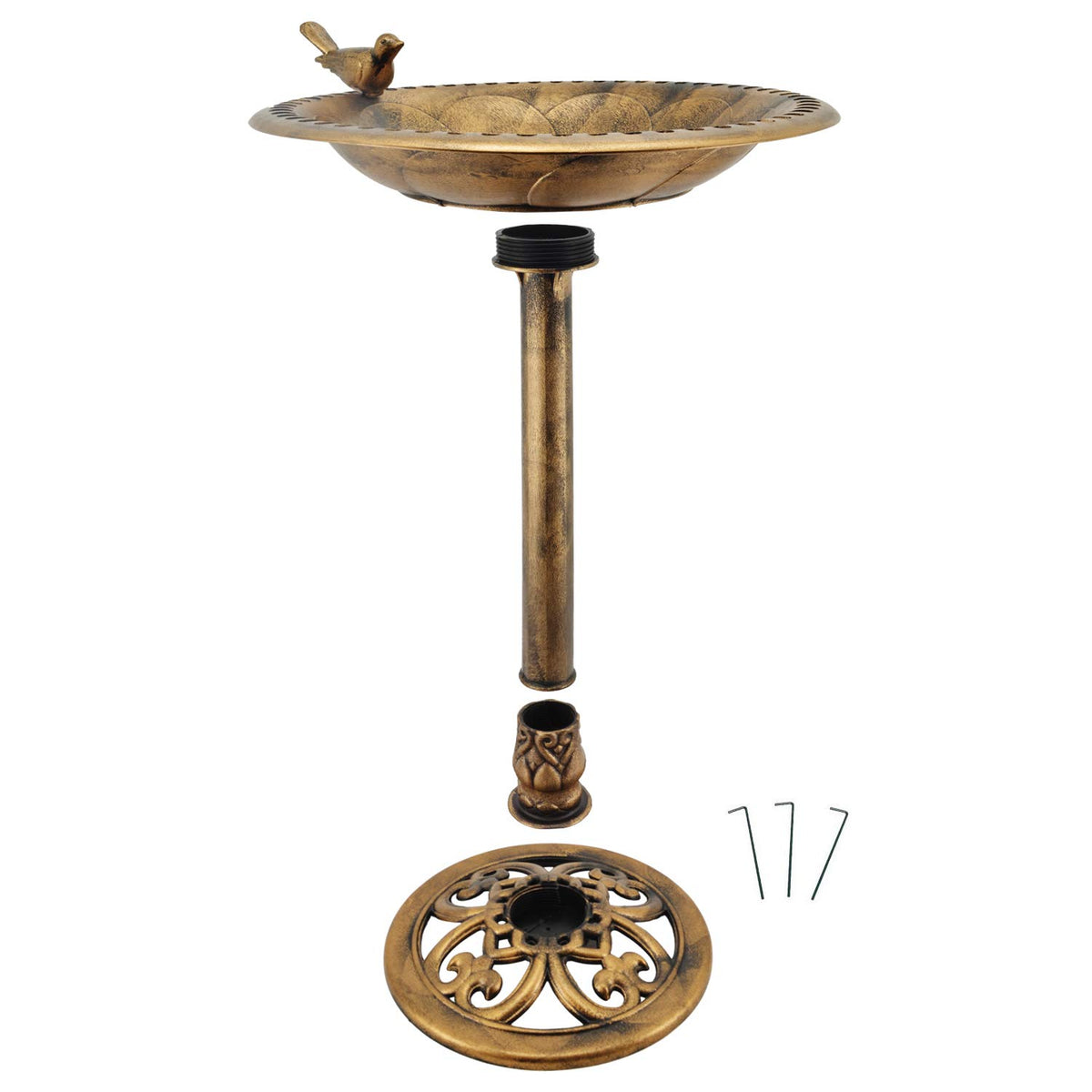 Arcadia Bronze Bird Bath assembled view demonstrates quick, easy setup.