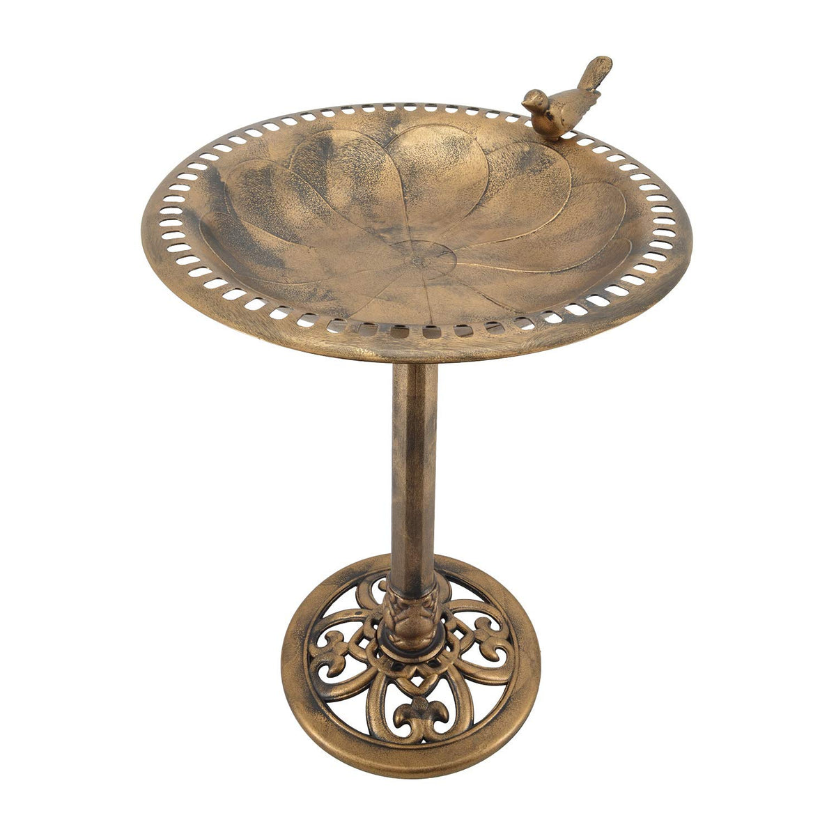 Arcadia Bronze Bird Bath side view highlights stable base for outdoor use.