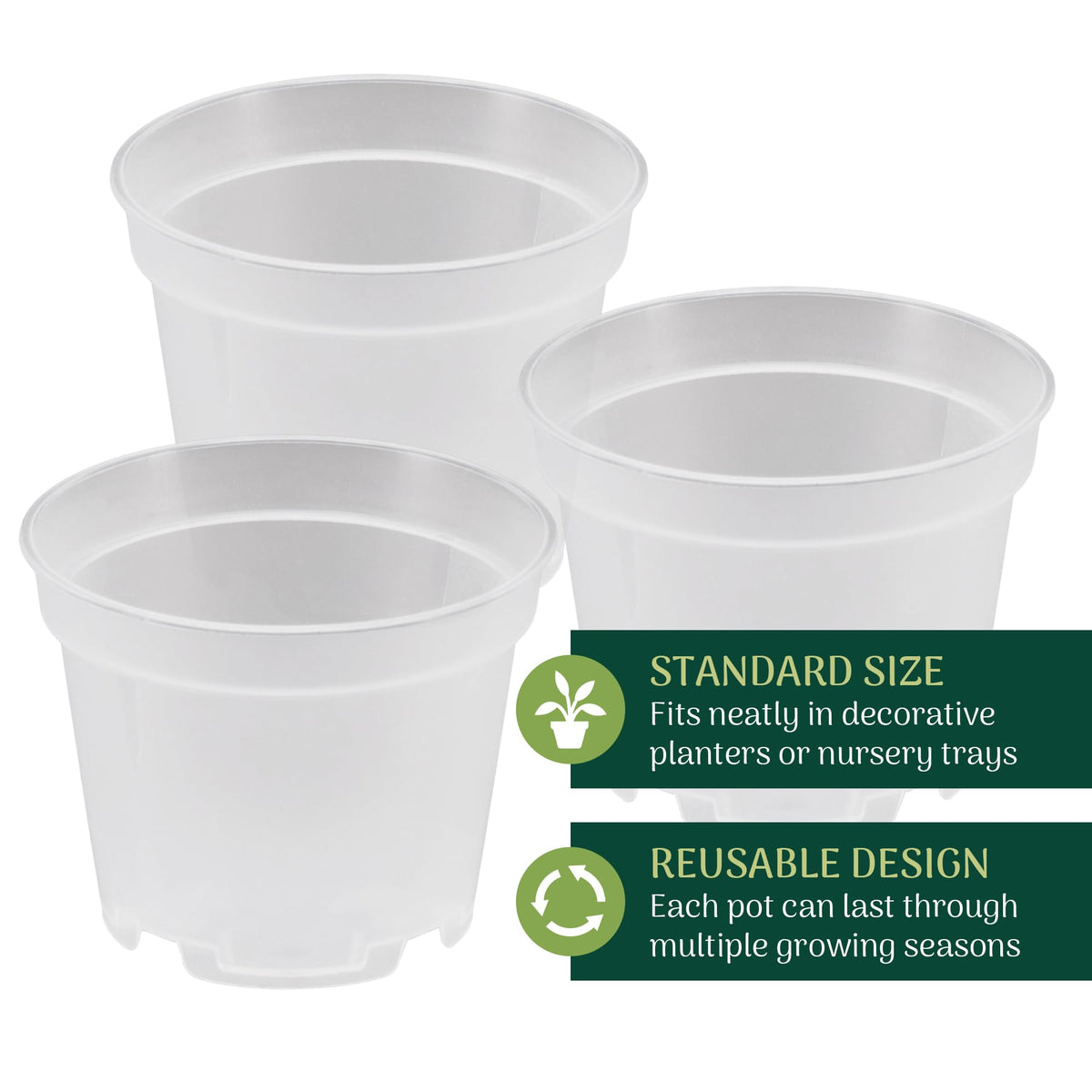 Arcadia clear nursery pot made of durable PP stands up to reuse and easy transplanting.