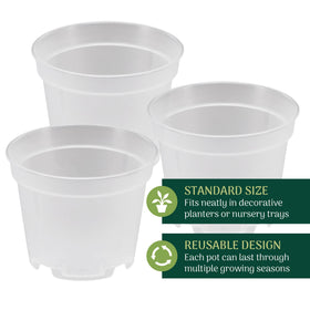 Arcadia clear nursery pot made of durable PP stands up to reuse and easy transplanting.