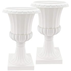 Arcadia Garden Products pedestal urn front view in white, ideal for indoor or outdoor accents.
