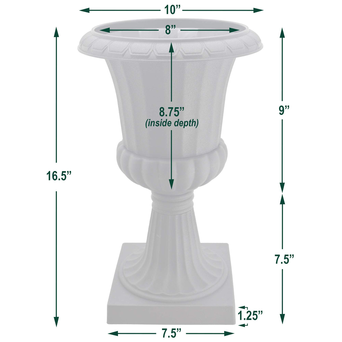 Arcadia Garden Products pedestal urn drillable feature for optional drainage holes.