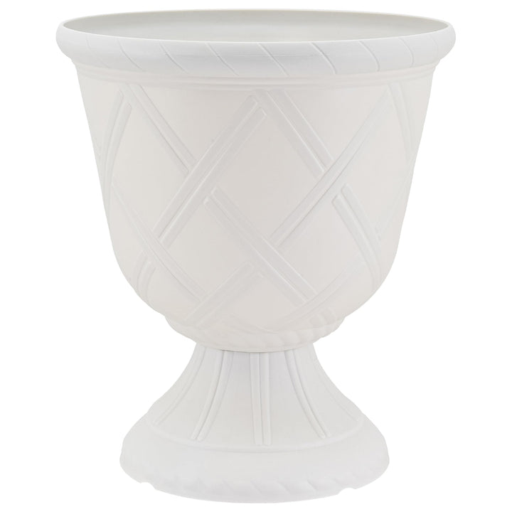 Arcadia lattice-pattern urn for indoor plants with timeless style.