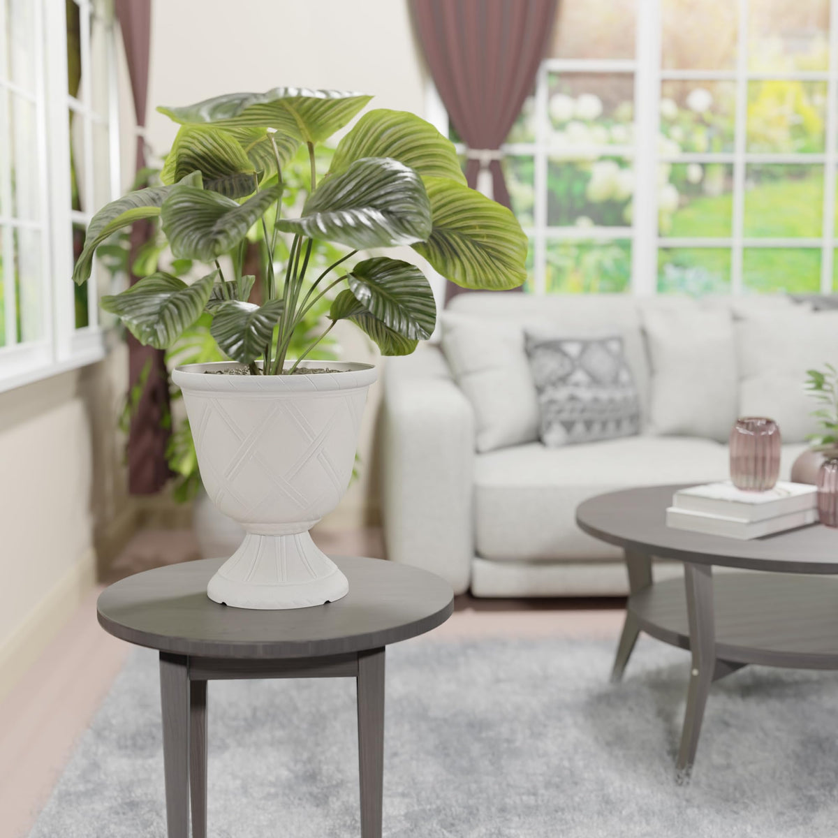 Arcadia plastic garden pot urn with tool-free assembly for quick setup.