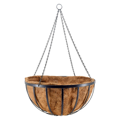 Arcadia Round Hanging Planter Basket with coconut liner—moisture retention and drainage for healthy roots.