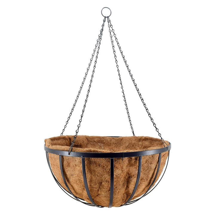 Arcadia Round Hanging Planter Basket with coconut liner—moisture retention and drainage for healthy roots.