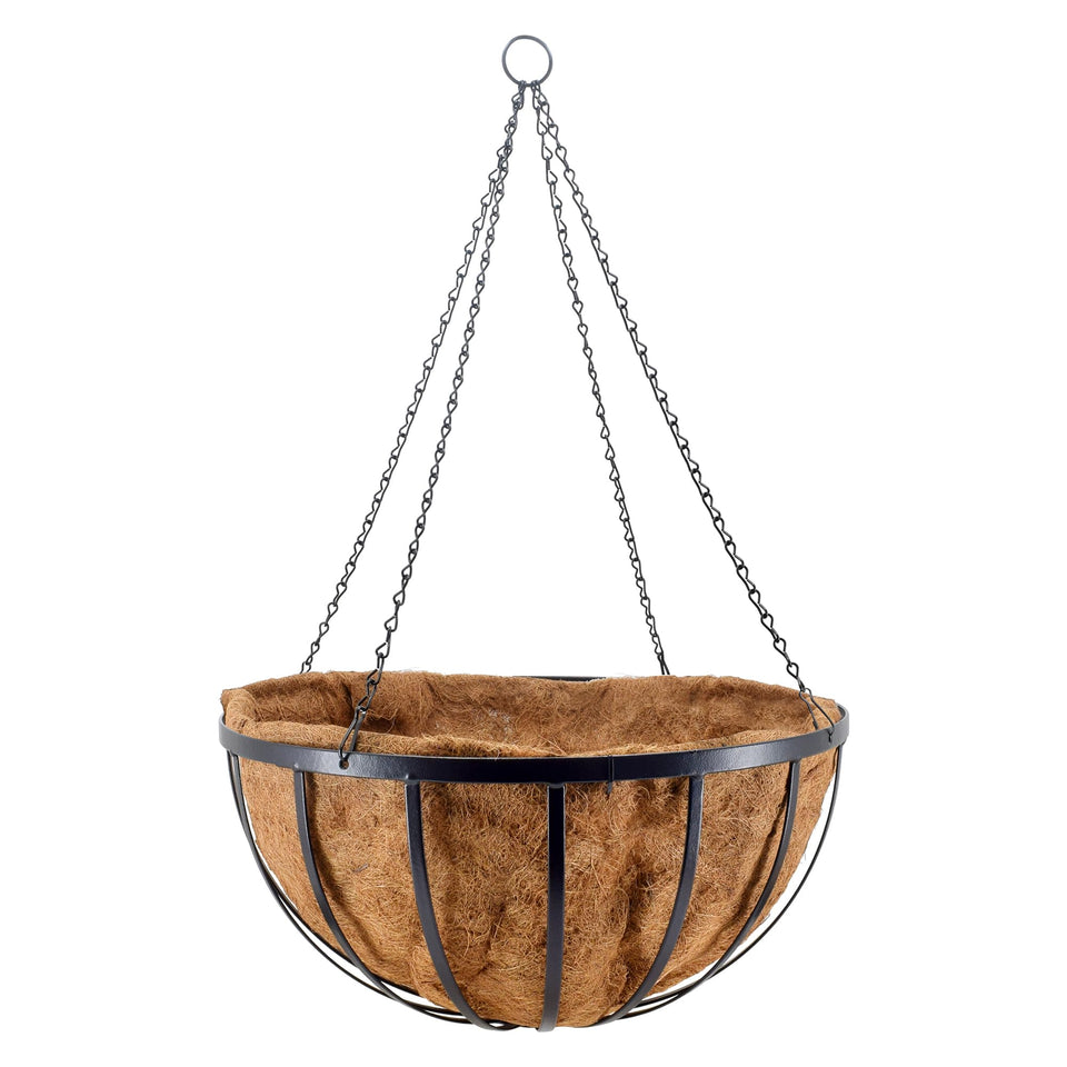 Arcadia Round Hanging Planter Basket with coconut liner—moisture retention and drainage for healthy roots.