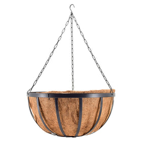 Close-up of Arcadia Coco Liner on round hanging planter basket emphasizing natural fibers