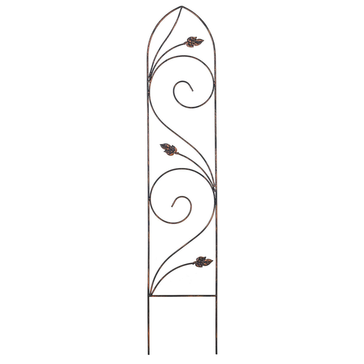 Arcadia TR04 Autumn Leaf Trellis bronze finish with 8 inch stakes supporting climbing vines