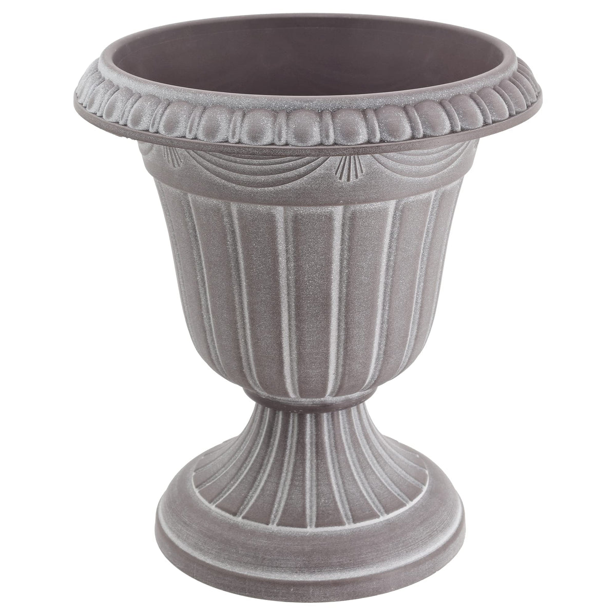 Arcadia urn features fluted design and ornamental rim for refined porch charm.