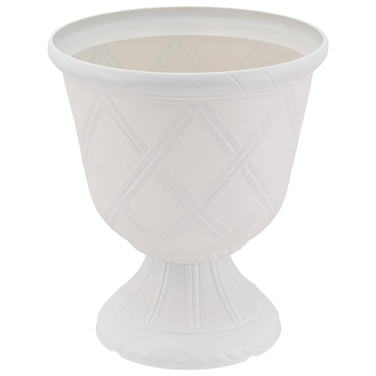 Arcadia white urn for outdoor decor, lightweight and easy to reposition.