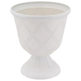 Arcadia white urn for outdoor decor, lightweight and easy to reposition.