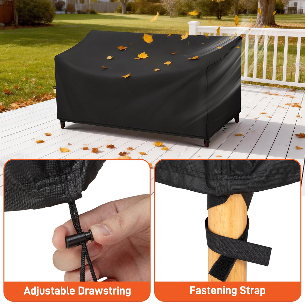 Arcedo drawstring bottom and strap system secures cover.