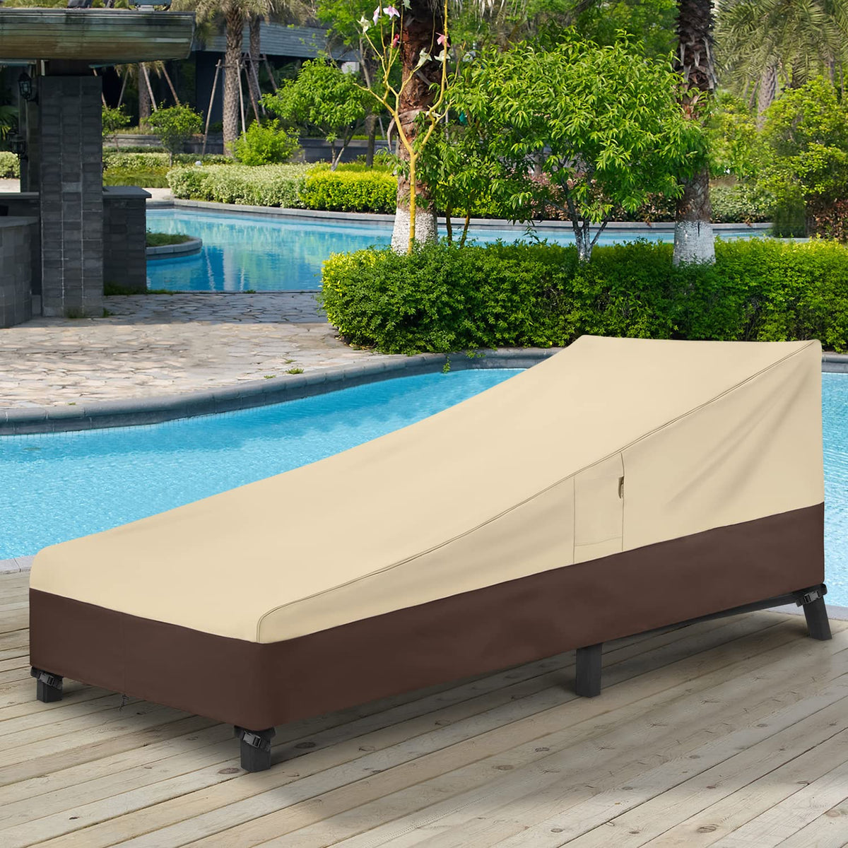 Arcedo premium patio cover in beige and brown tones to blend with outdoor decor.