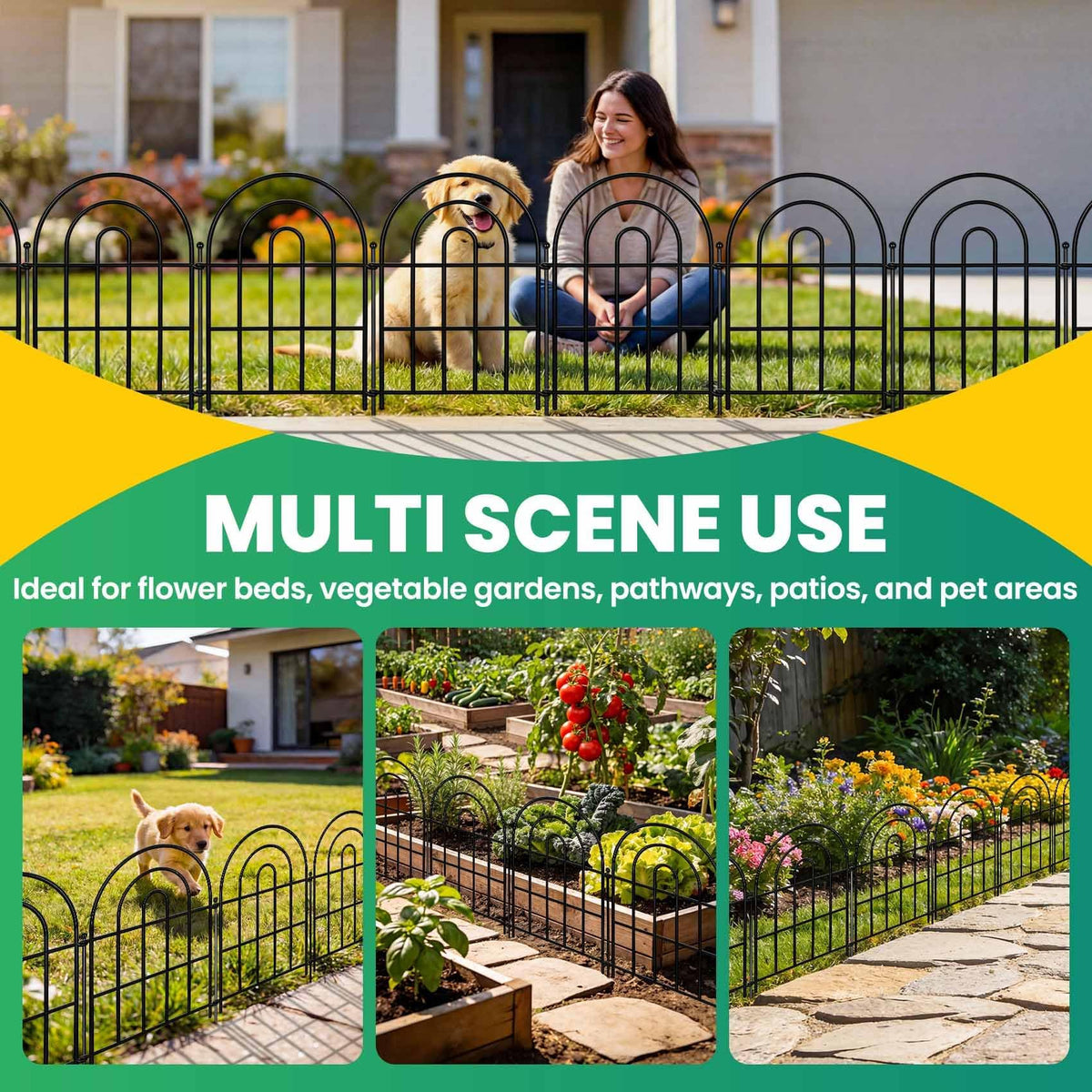 ArdeFentium garden fence arch-panel 06 defines flower beds while keeping pets inside.