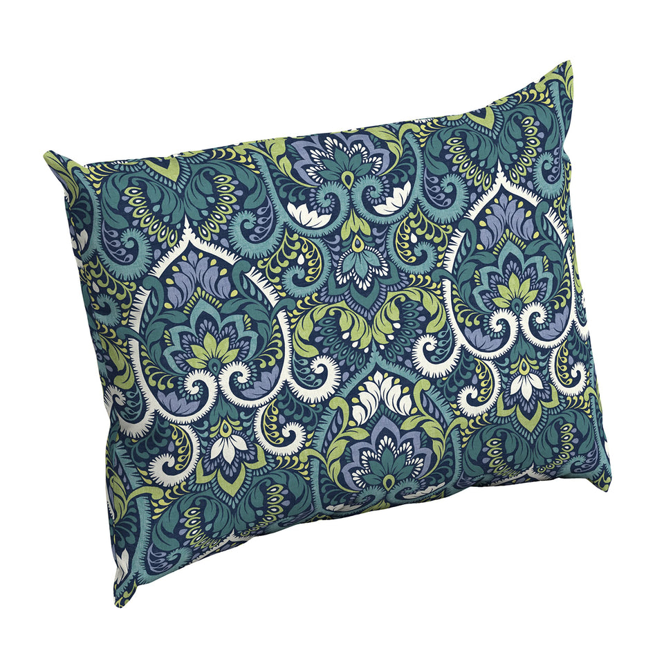 Arden Deep Seat Back Cushion in sapphire aurora blue damask for durable outdoor furniture.