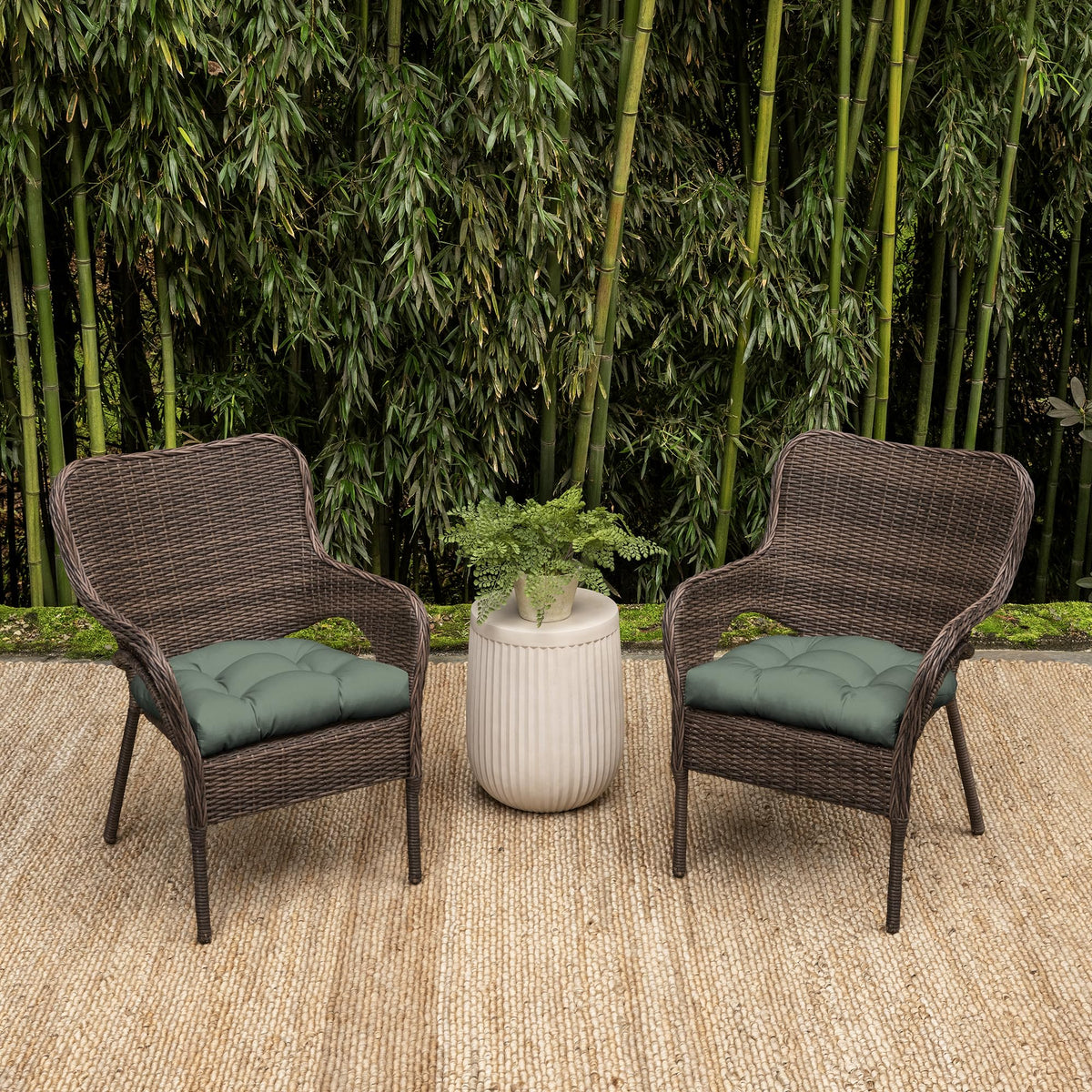 Arden earthFIBER cushion on wicker chair outdoors for easy, snug installation