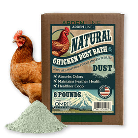 Arden Line zeolite chicken dust bath packaging in a kraft box, plastic-free