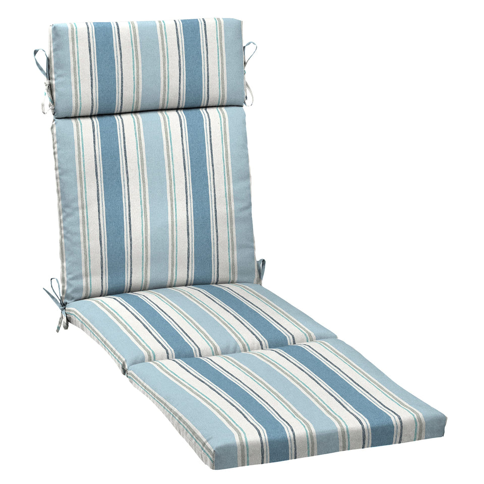 Arden Outdoor Chaise Cushion in French Blue Linen Stripe adds plush comfort to outdoor lounges
