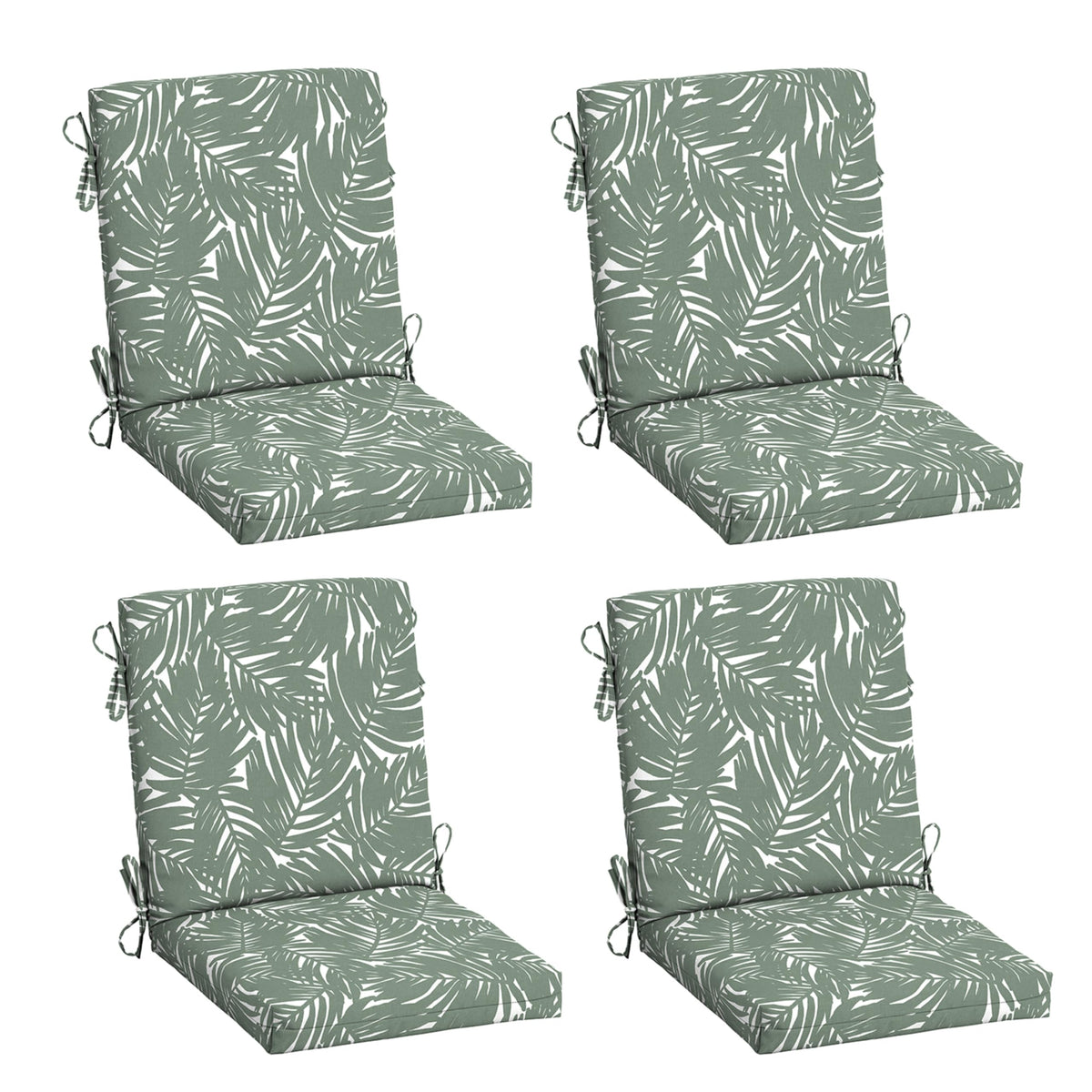 Arden Selections 4-pack dining chair cushion in sage on patio for durable outdoor comfort.