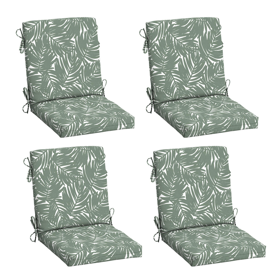 Arden Selections 4-pack dining chair cushion in sage on patio for durable outdoor comfort.