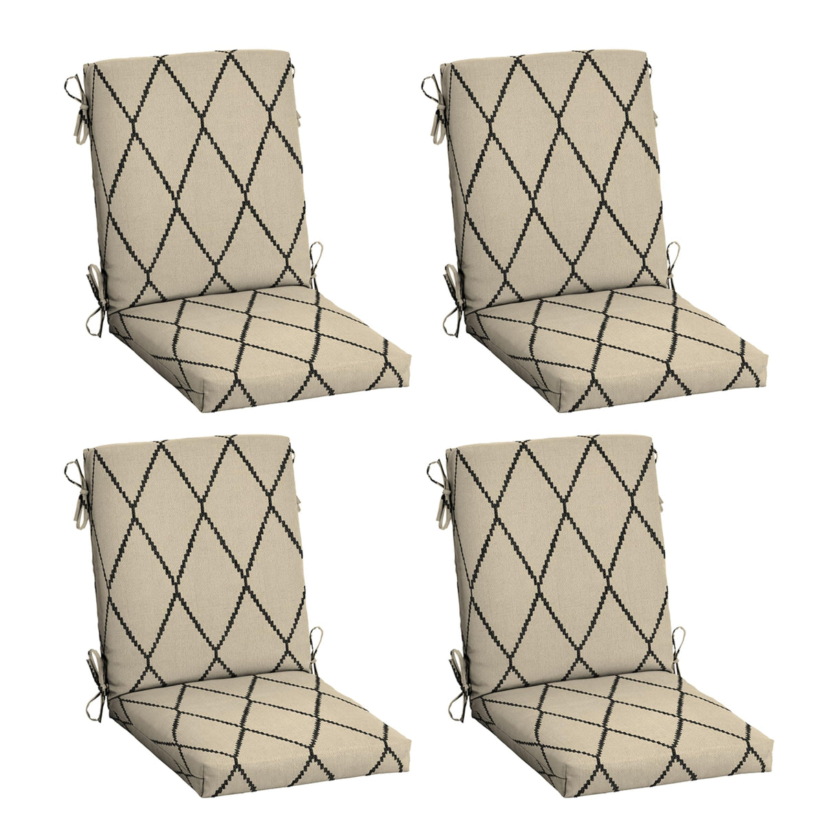 Arden Selections 4-pack cushions on patio chairs with tan diamond trellis pattern