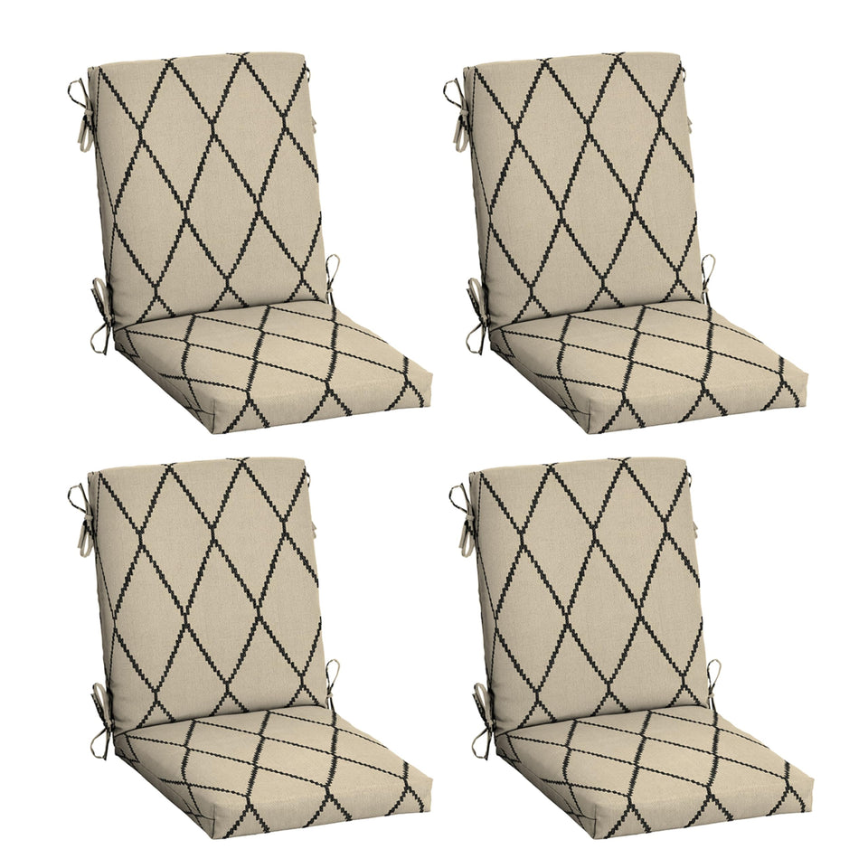 Arden Selections 4-pack cushions on patio chairs with tan diamond trellis pattern