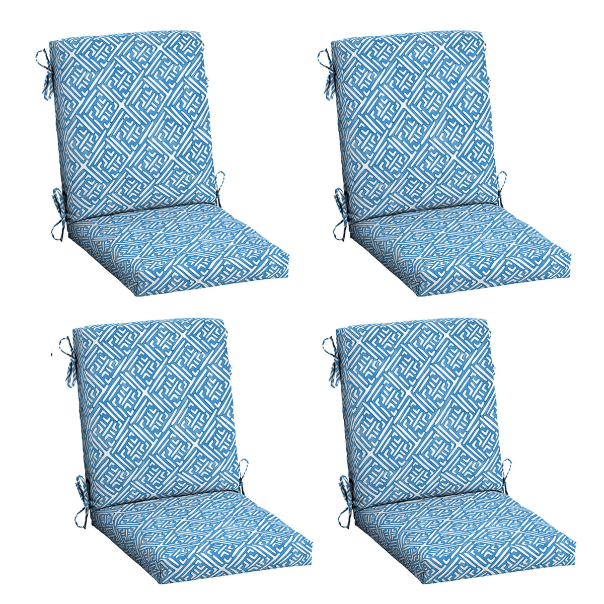 Arden Selections Amalfi Blue Tile cushion front view on chair demonstrates fade-resistant fabric