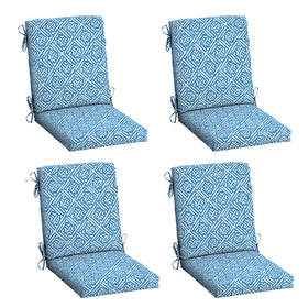 Arden Selections Amalfi Blue Tile cushion front view on chair demonstrates fade-resistant fabric