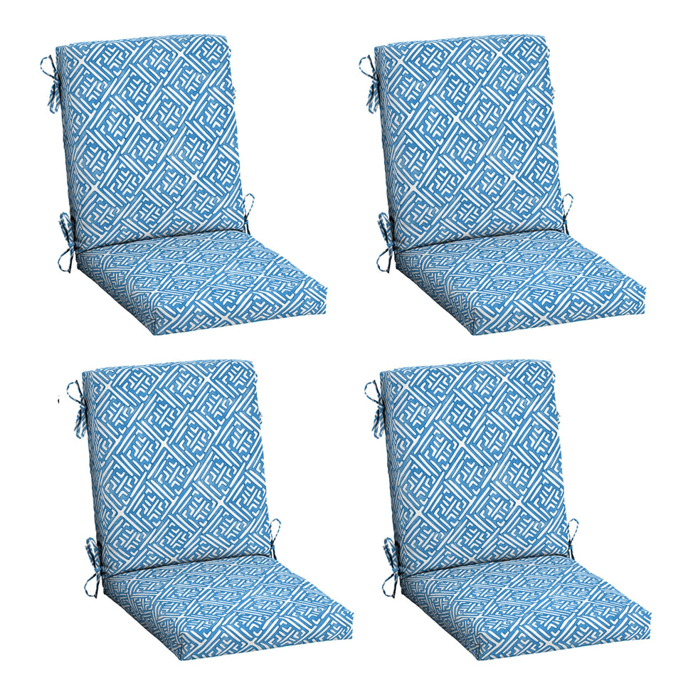 Arden Selections Amalfi Blue Tile cushion front view on chair demonstrates fade-resistant fabric