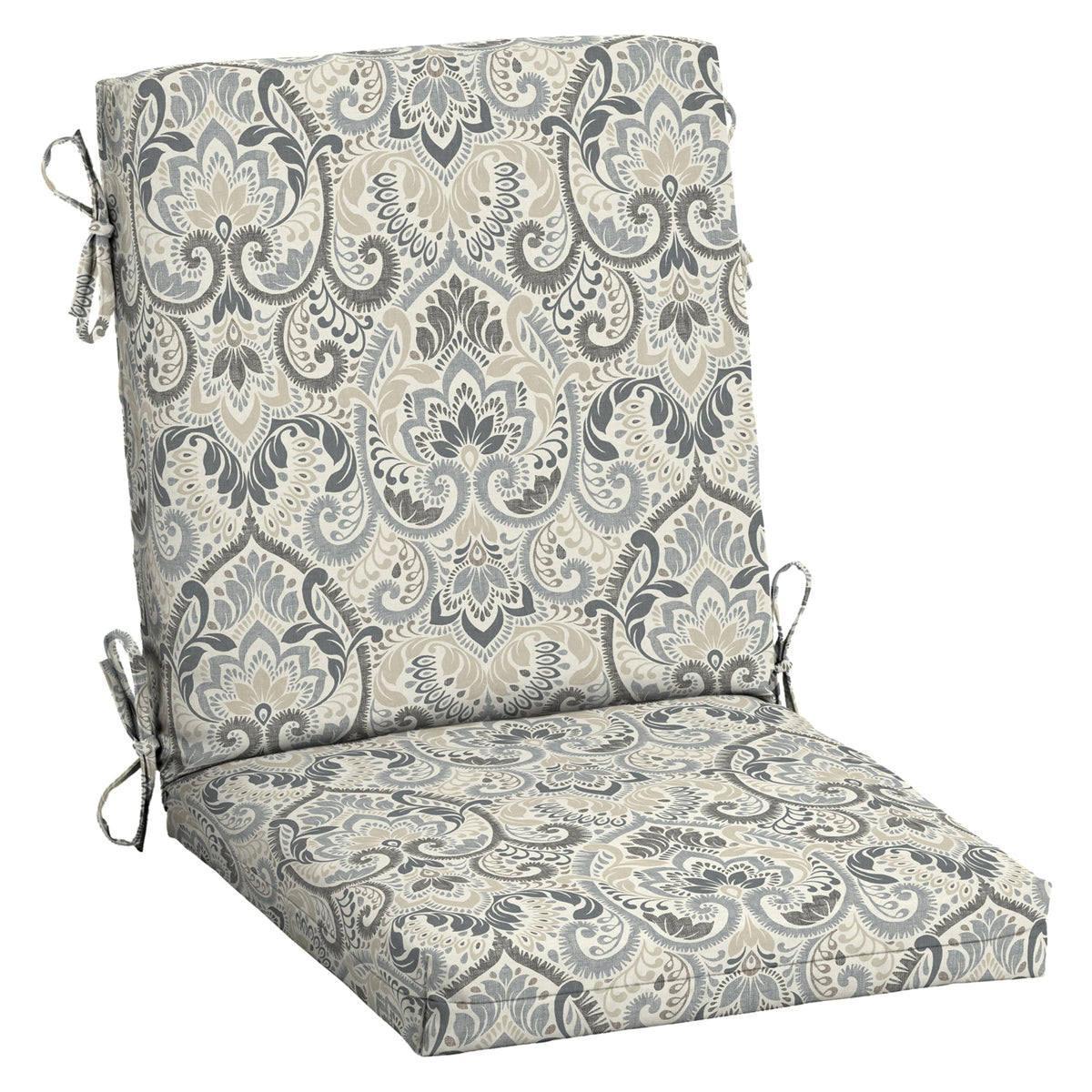 Arden Selections Aurora Damask chair cushion on a dining chair for comfortable outdoor meals.