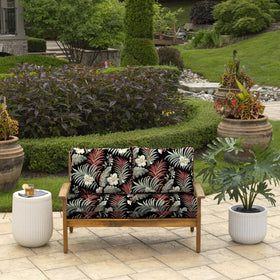 Arden Selections back pillow in Simone Black Tropical adds plush support for outdoor seating.